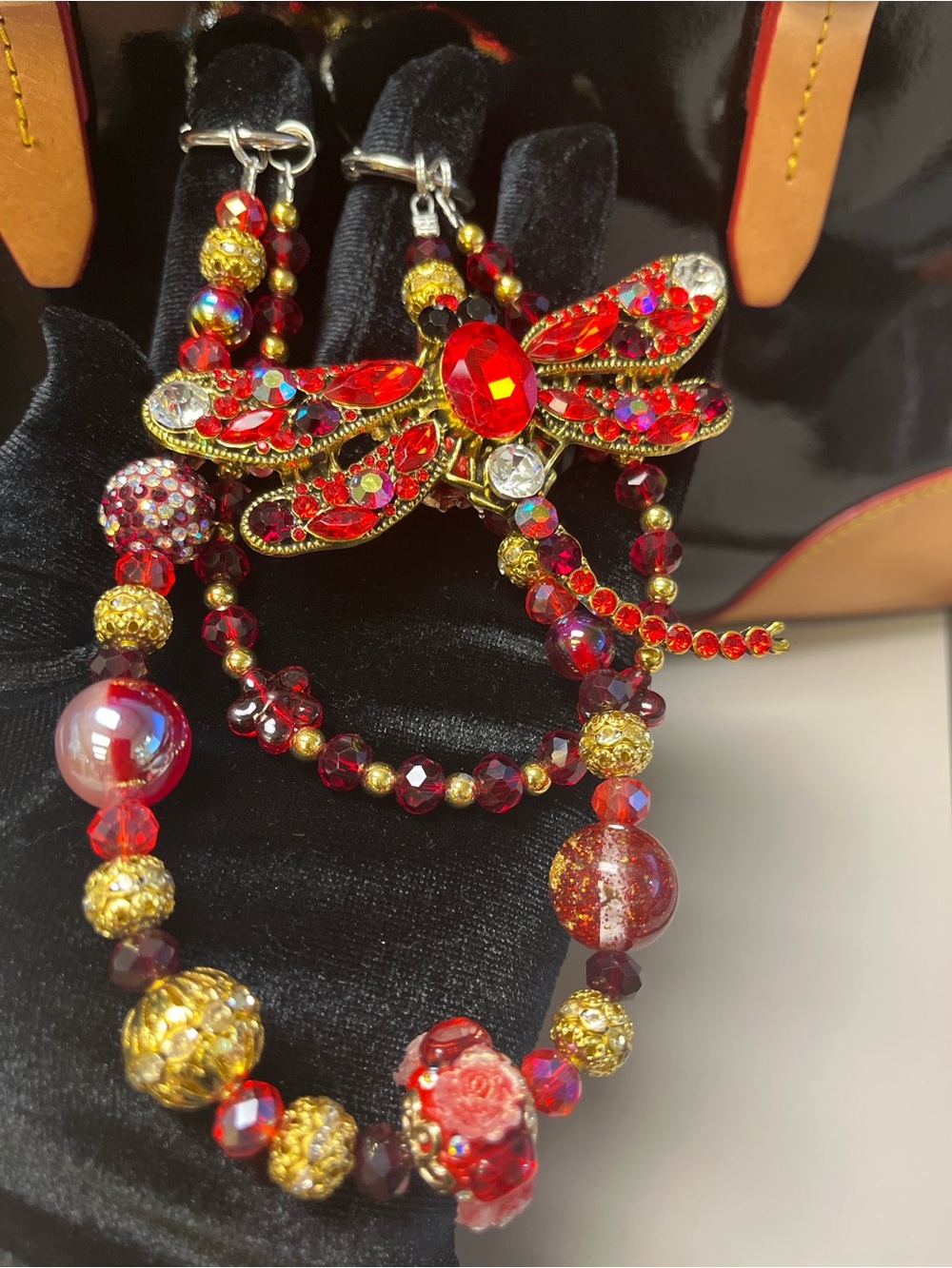 Red Dragonfly Purse Charm | Rhinestone Beaded Bag Accessory | Bag Charm Keychain